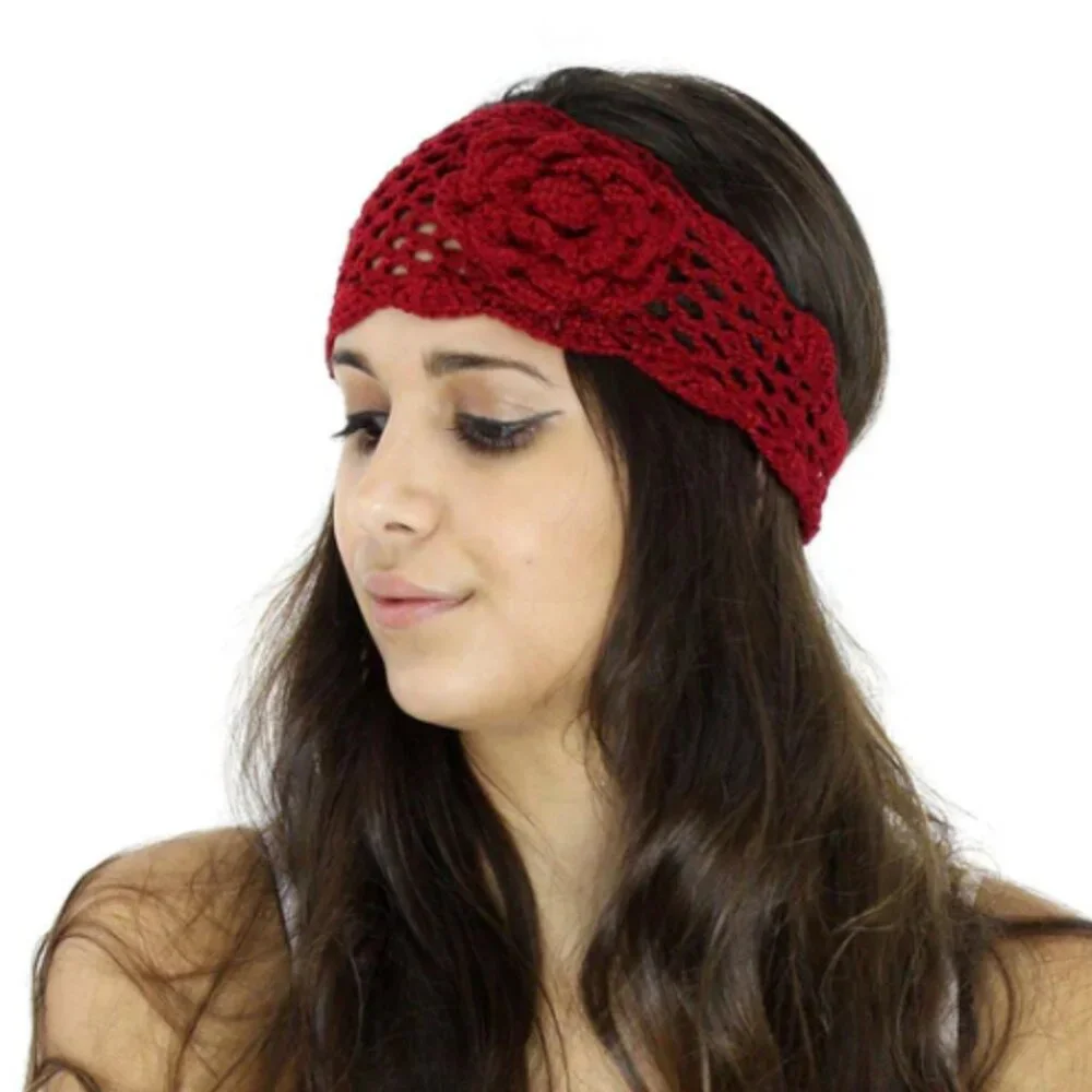 VERY MODA Burgundy Knit Crocheted Flower Headband One Size NWT